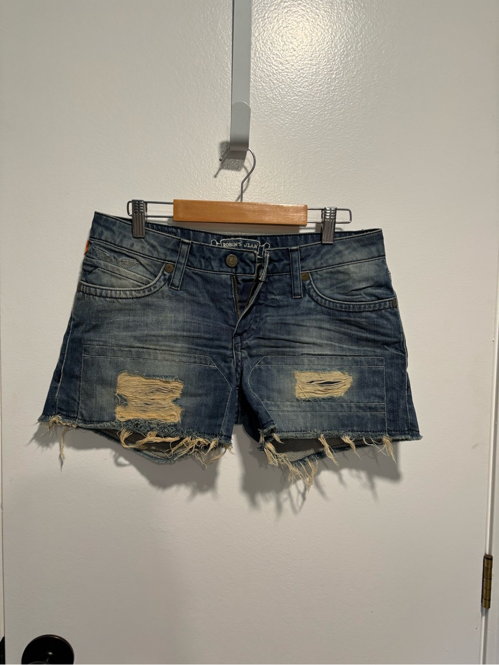 Robin's Jean Distressed Dark Blue Denim Cutoff Shorts **no black logo**